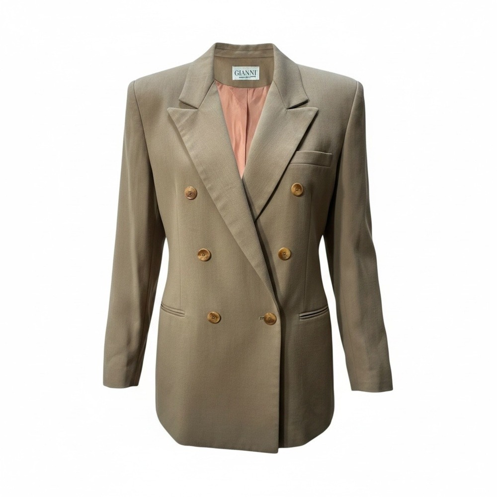 Gianni Blazer Women 10 Tan Wool Double Breasted Vintage 90s Professional Chic